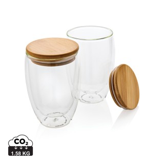 Vidrio promocional de borosilicato de doble pared y tapa bambú 350ml